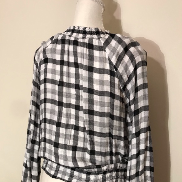 Anthropologie Cloth and Stone Gingham Plaid Black White Peasant Blouse Top Small - Picture 6 of 9